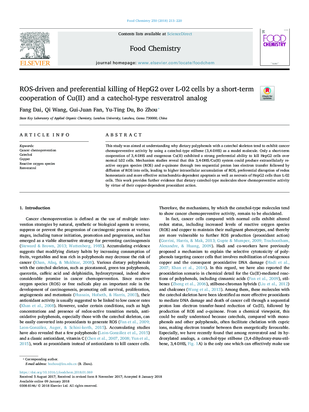 ROS-driven and preferential killing of HepG2 over L-02 cells by a short-term cooperation of Cu(II) and a catechol-type resveratrol analog