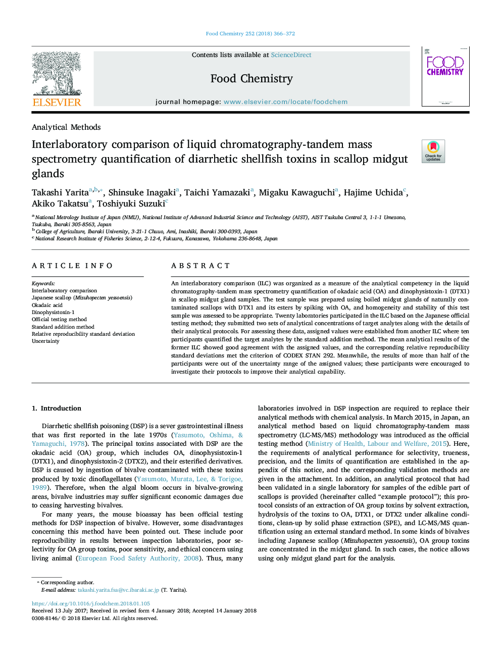 Interlaboratory comparison of liquid chromatography-tandem mass spectrometry quantification of diarrhetic shellfish toxins in scallop midgut glands