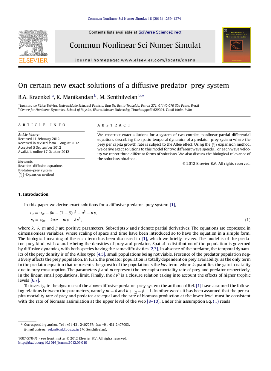 On certain new exact solutions of a diffusive predator–prey system
