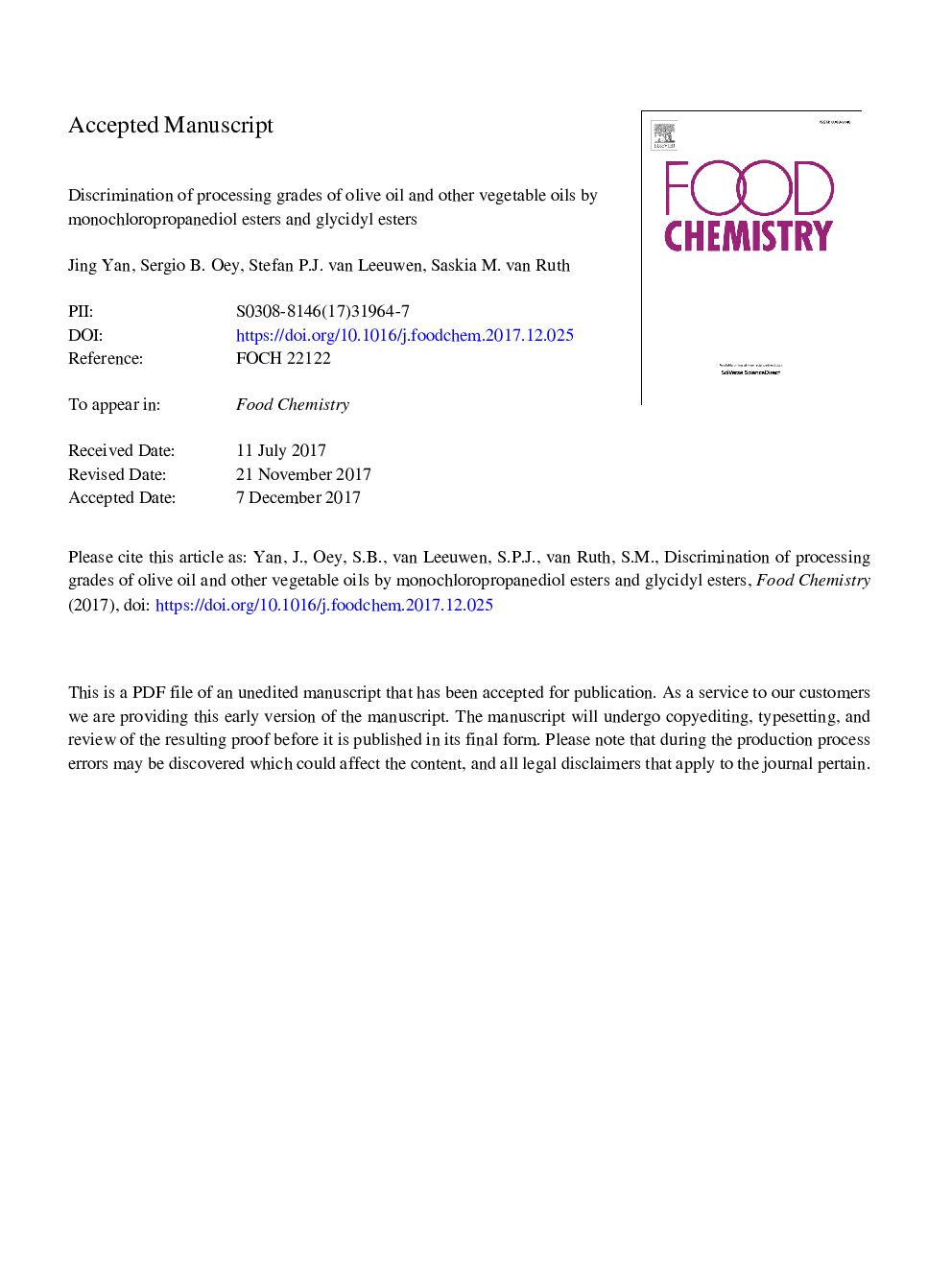 Discrimination of processing grades of olive oil and other vegetable oils by monochloropropanediol esters and glycidyl esters