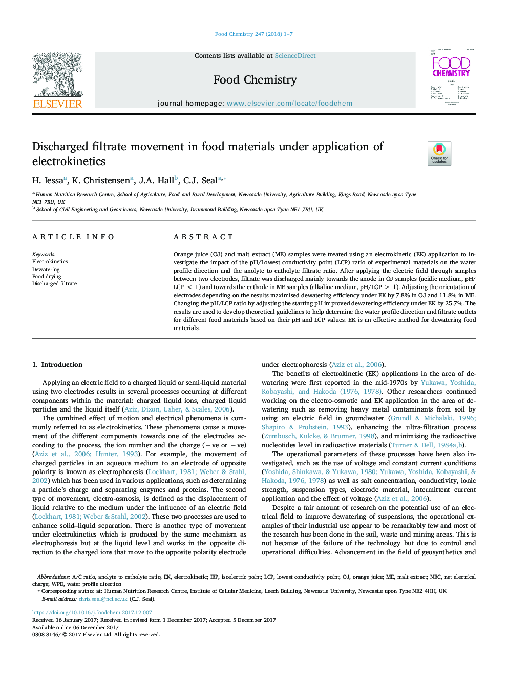 Discharged filtrate movement in food materials under application of electrokinetics