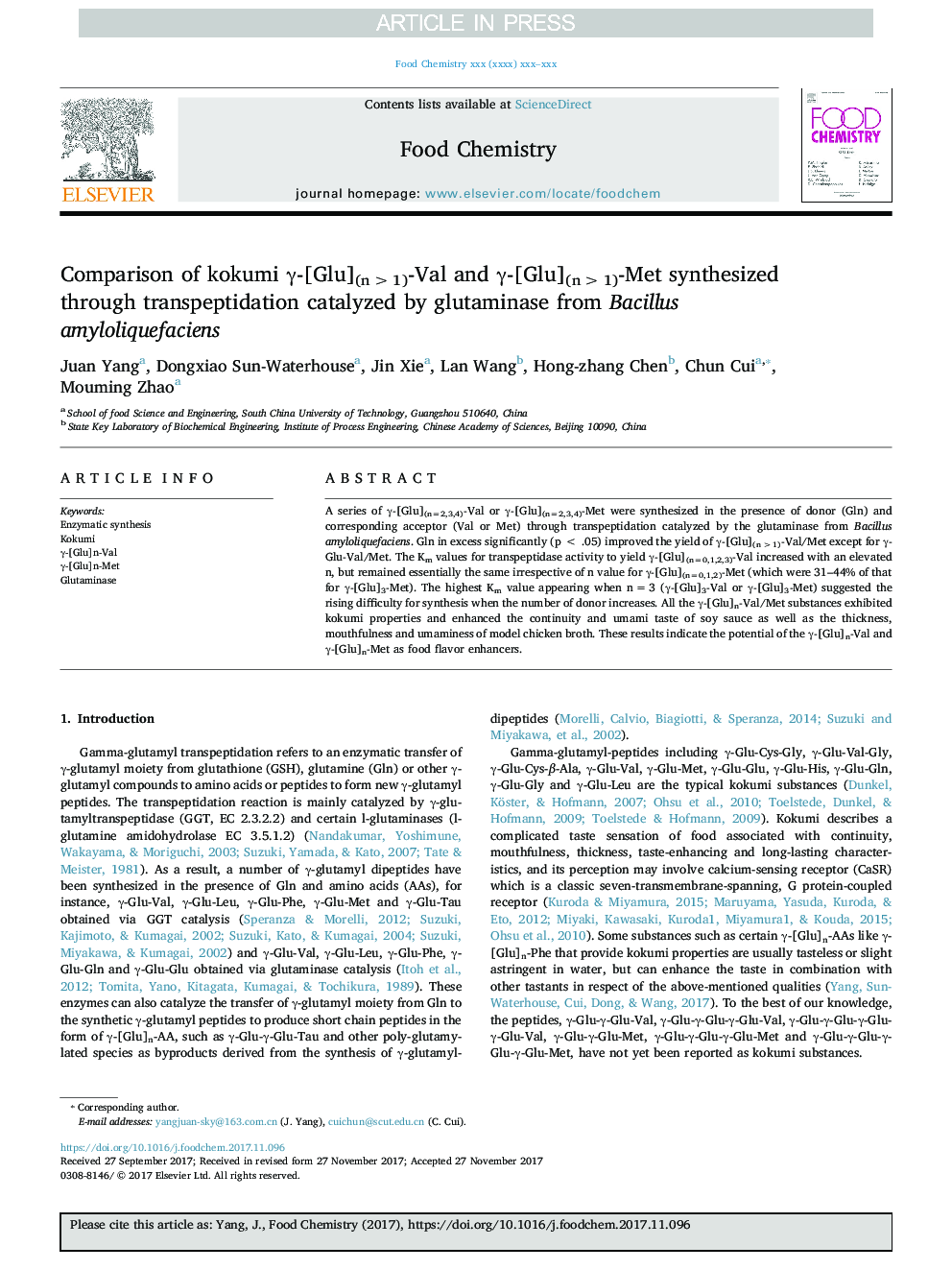 Comparison of kokumi Î³-[Glu](n>1)-Val and Î³-[Glu](n>1)-Met synthesized through transpeptidation catalyzed by glutaminase from Bacillus amyloliquefaciens