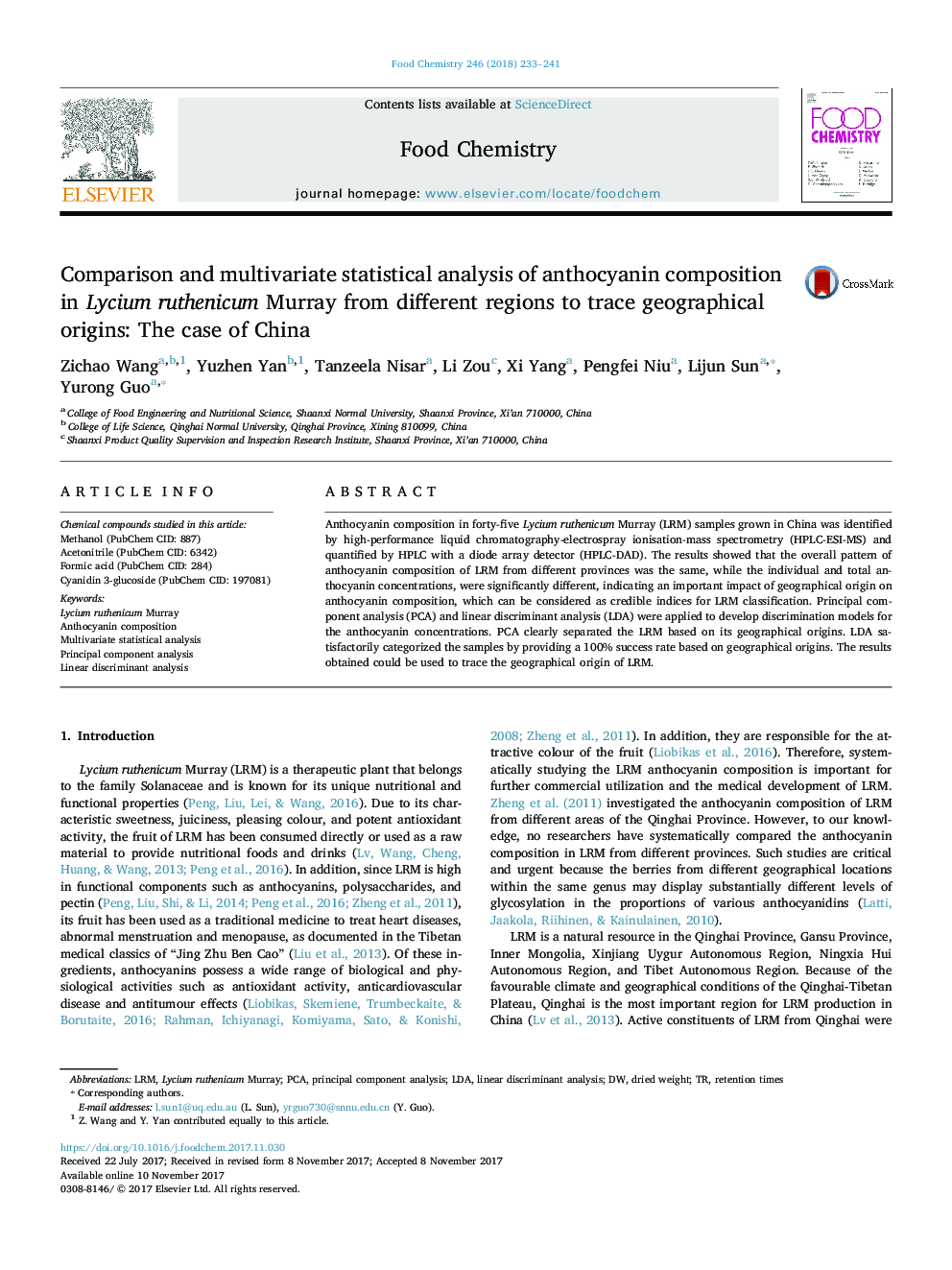 Comparison and multivariate statistical analysis of anthocyanin composition in Lycium ruthenicum Murray from different regions to trace geographical origins: The case of China