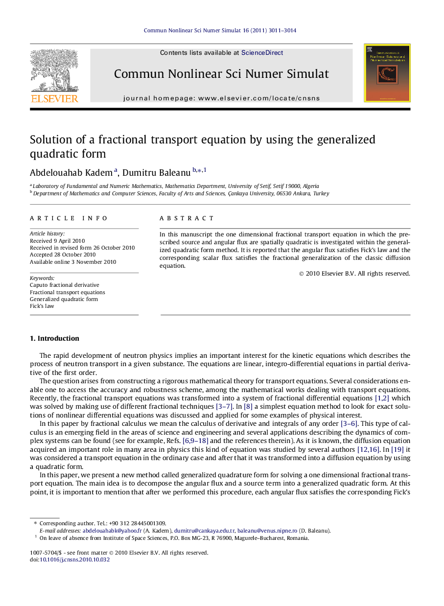 Solution of a fractional transport equation by using the generalized quadratic form