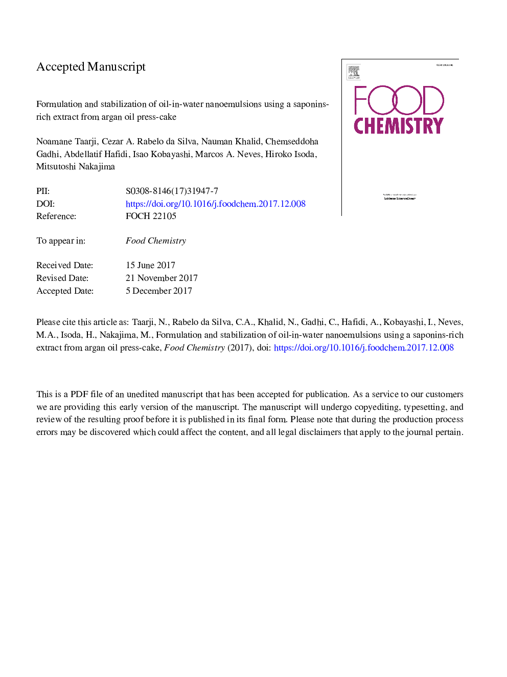 Formulation and stabilization of oil-in-water nanoemulsions using a saponins-rich extract from argan oil press-cake