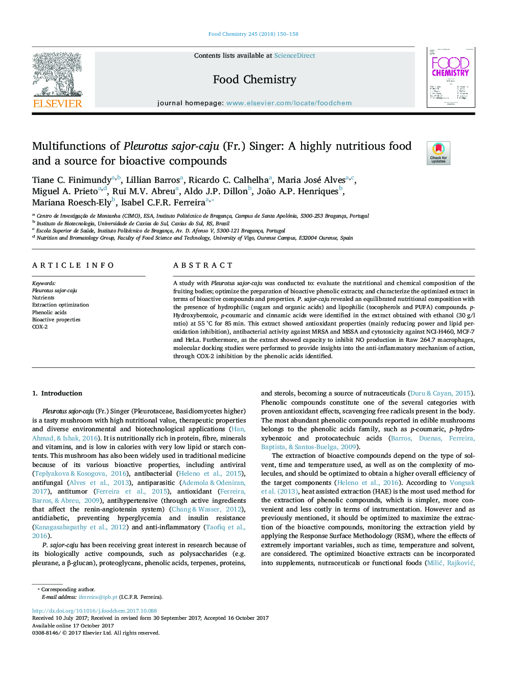 عکس صفحه اول مقاله: Multifunctions of Pleurotus sajor-caju (Fr.) Singer: A highly nutritious food and a source for bioactive compounds Multifunctions of Pleurotus sajor-caju (Fr.) Singer: A highly nutritious food and a source for bioactive compounds