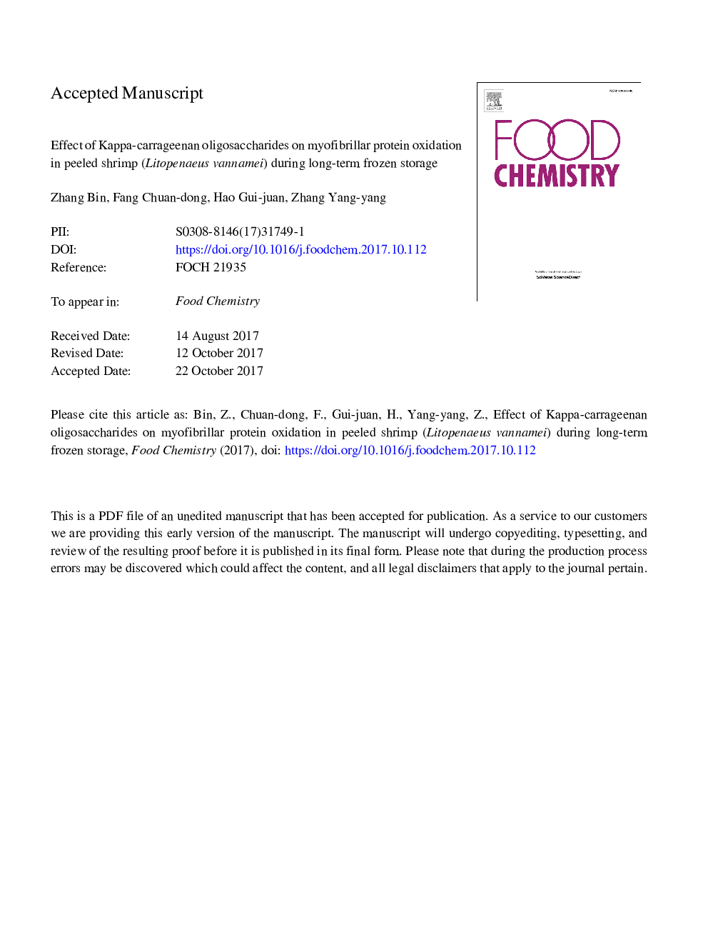 عکس صفحه اول مقاله: Effect of kappa-carrageenan oligosaccharides on myofibrillar protein oxidation in peeled shrimp (Litopenaeus vannamei) during long-term frozen storage Effect of kappa-carrageenan oligosaccharides on myofibrillar protein oxidation in peeled shrimp (Litopenaeus vannamei) during long-term frozen storage