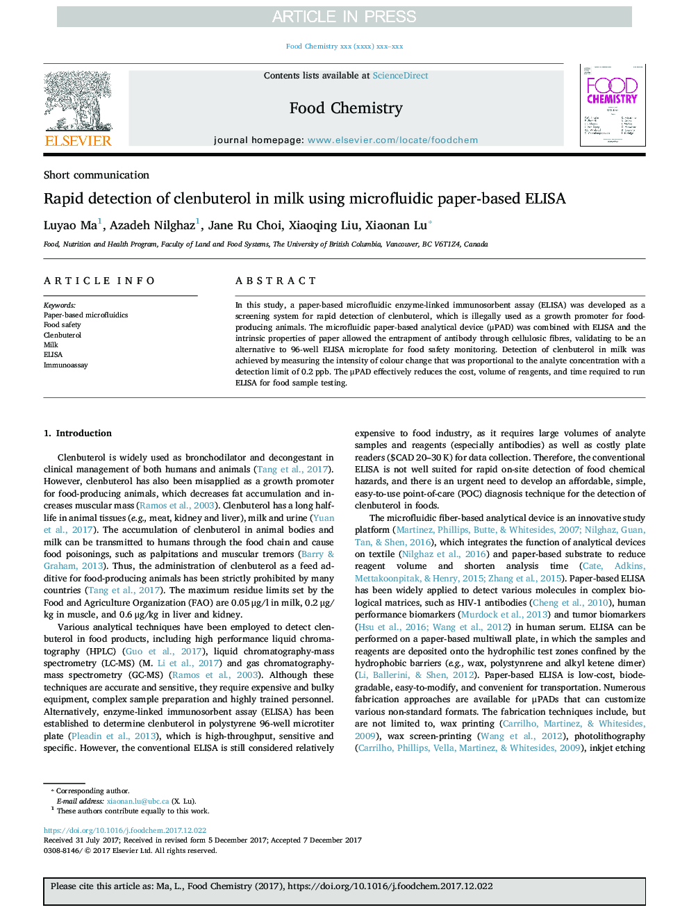 عکس صفحه اول مقاله: Rapid detection of clenbuterol in milk using microfluidic paper-based ELISA Rapid detection of clenbuterol in milk using microfluidic paper-based ELISA