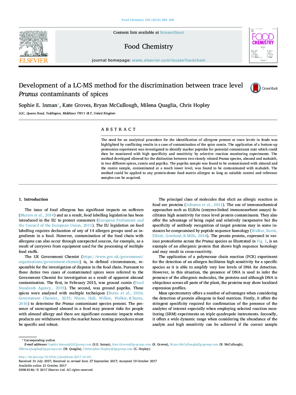 Development of a LC-MS method for the discrimination between trace level Prunus contaminants of spices