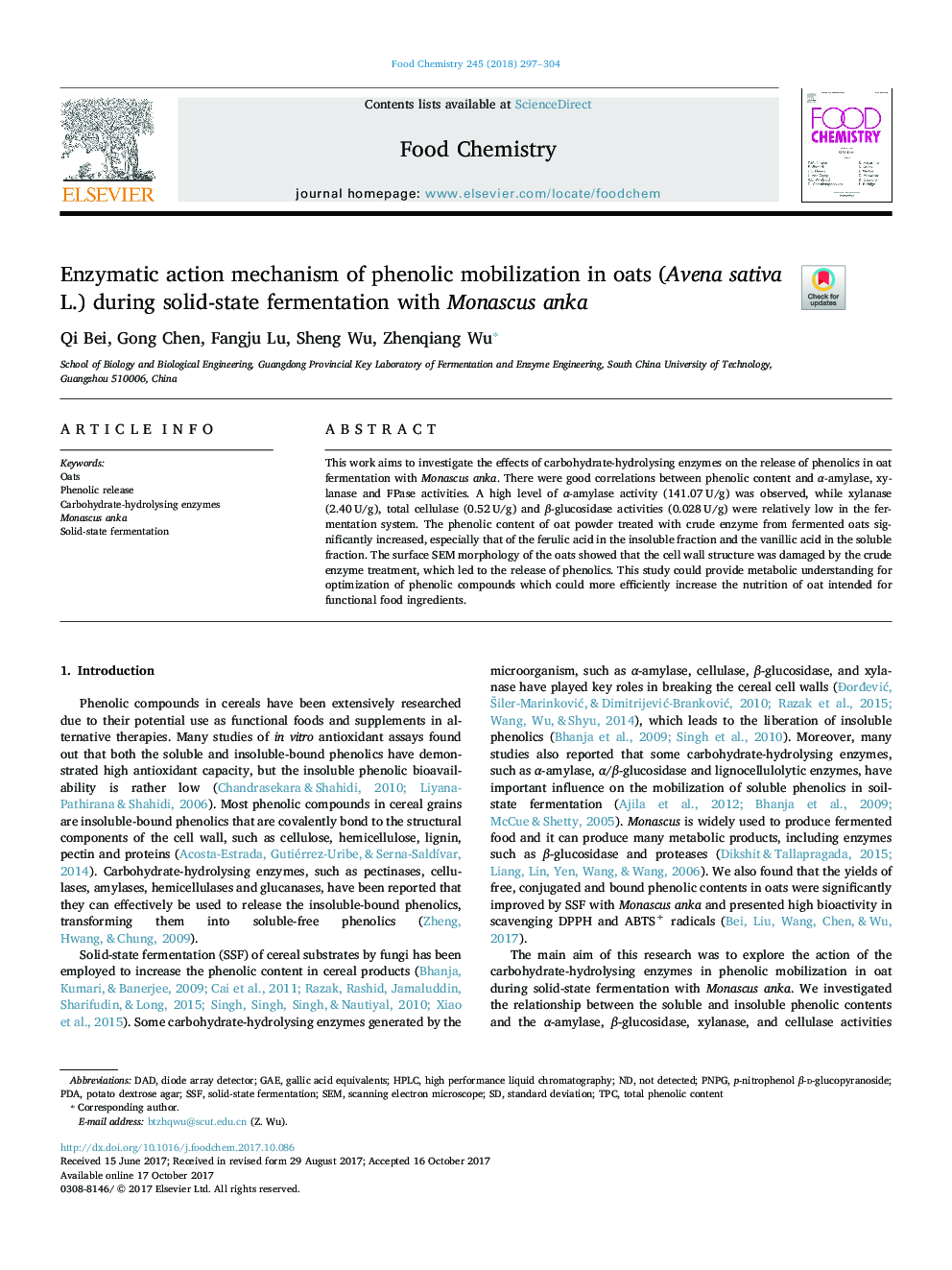 Enzymatic action mechanism of phenolic mobilization in oats (Avena sativa L.) during solid-state fermentation with Monascus anka