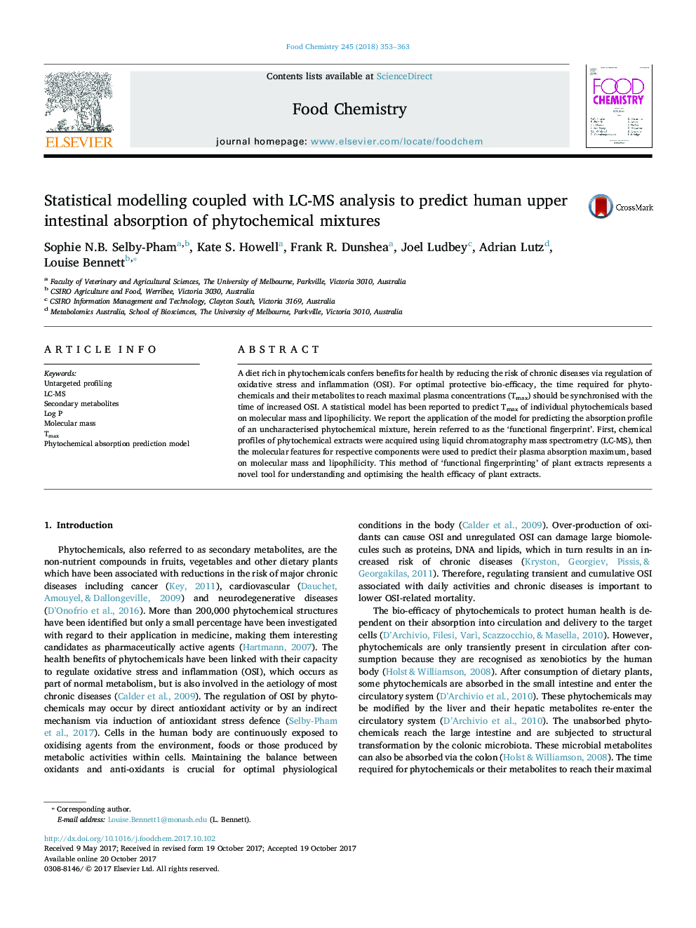 Statistical modelling coupled with LC-MS analysis to predict human upper intestinal absorption of phytochemical mixtures