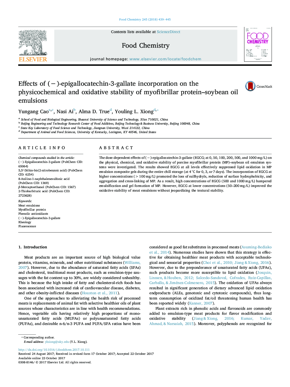 Effects of (â)-epigallocatechin-3-gallate incorporation on the physicochemical and oxidative stability of myofibrillar protein-soybean oil emulsions