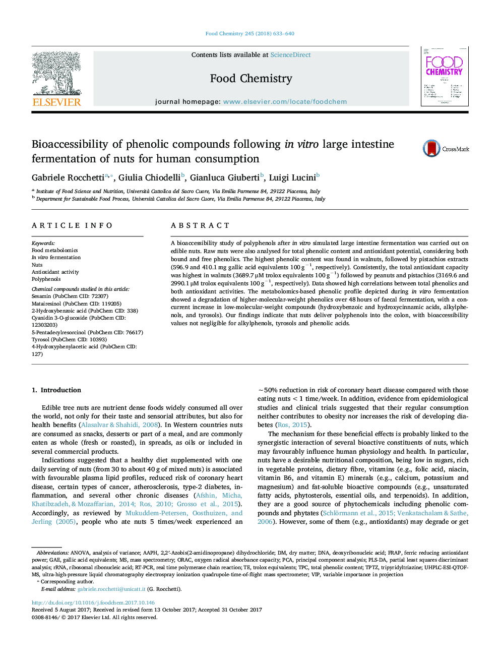 Bioaccessibility of phenolic compounds following in vitro large intestine fermentation of nuts for human consumption