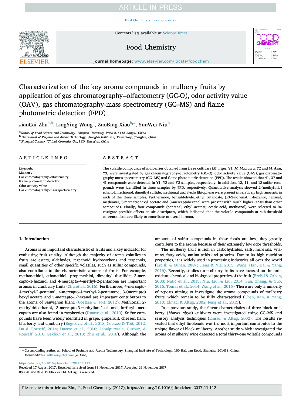 Characterization of the key aroma compounds in mulberry fruits by application of gas chromatography-olfactometry (GC-O), odor activity value (OAV), gas chromatography-mass spectrometry (GC-MS) and flame photometric detection (FPD)