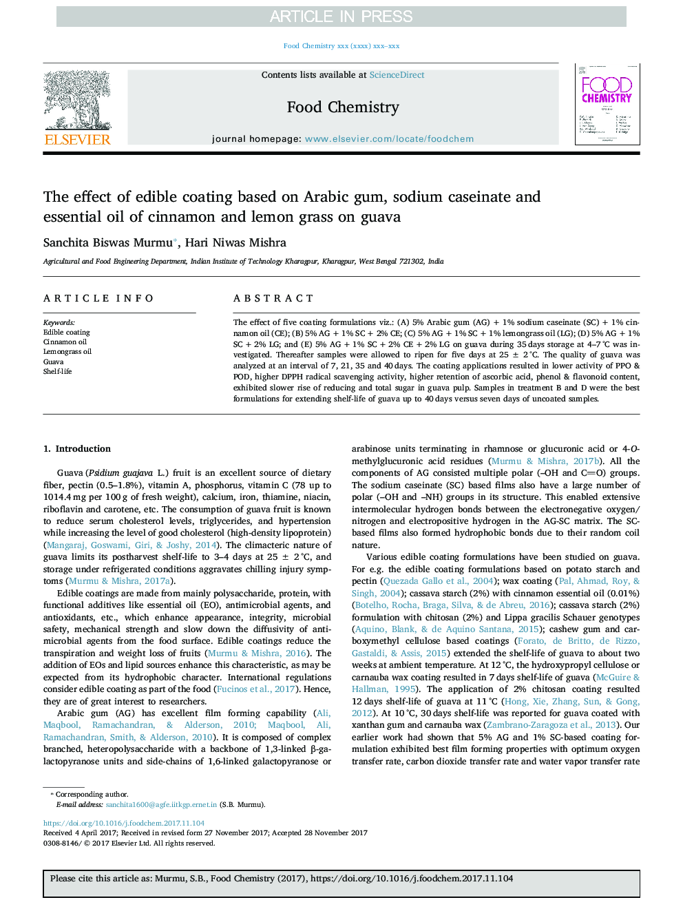 The effect of edible coating based on Arabic gum, sodium caseinate and essential oil of cinnamon and lemon grass on guava