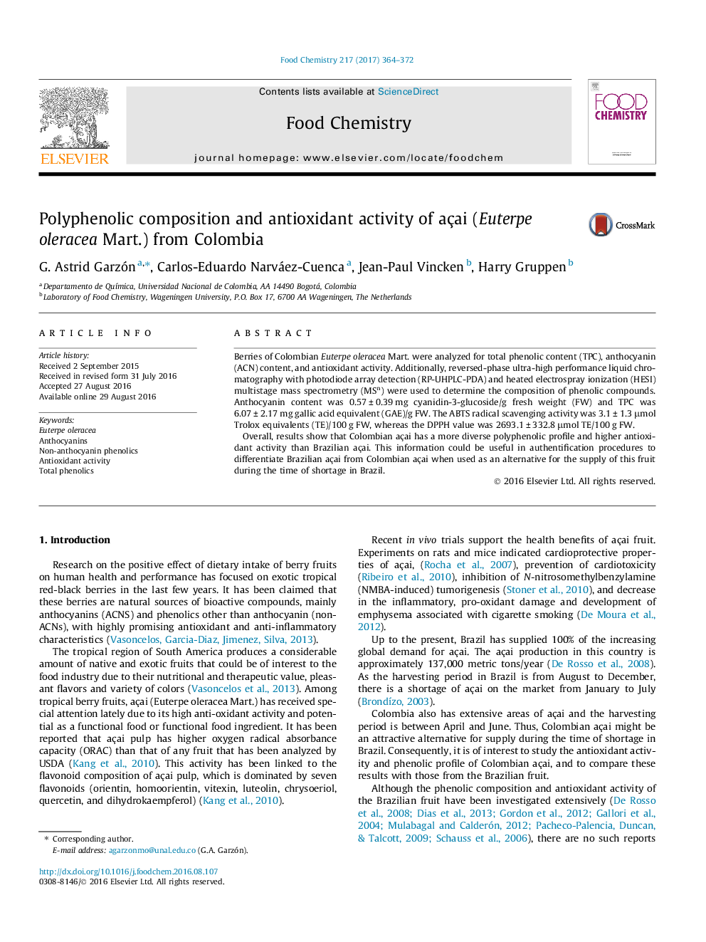 Polyphenolic composition and antioxidant activity of açai (Euterpe oleracea Mart.) from Colombia