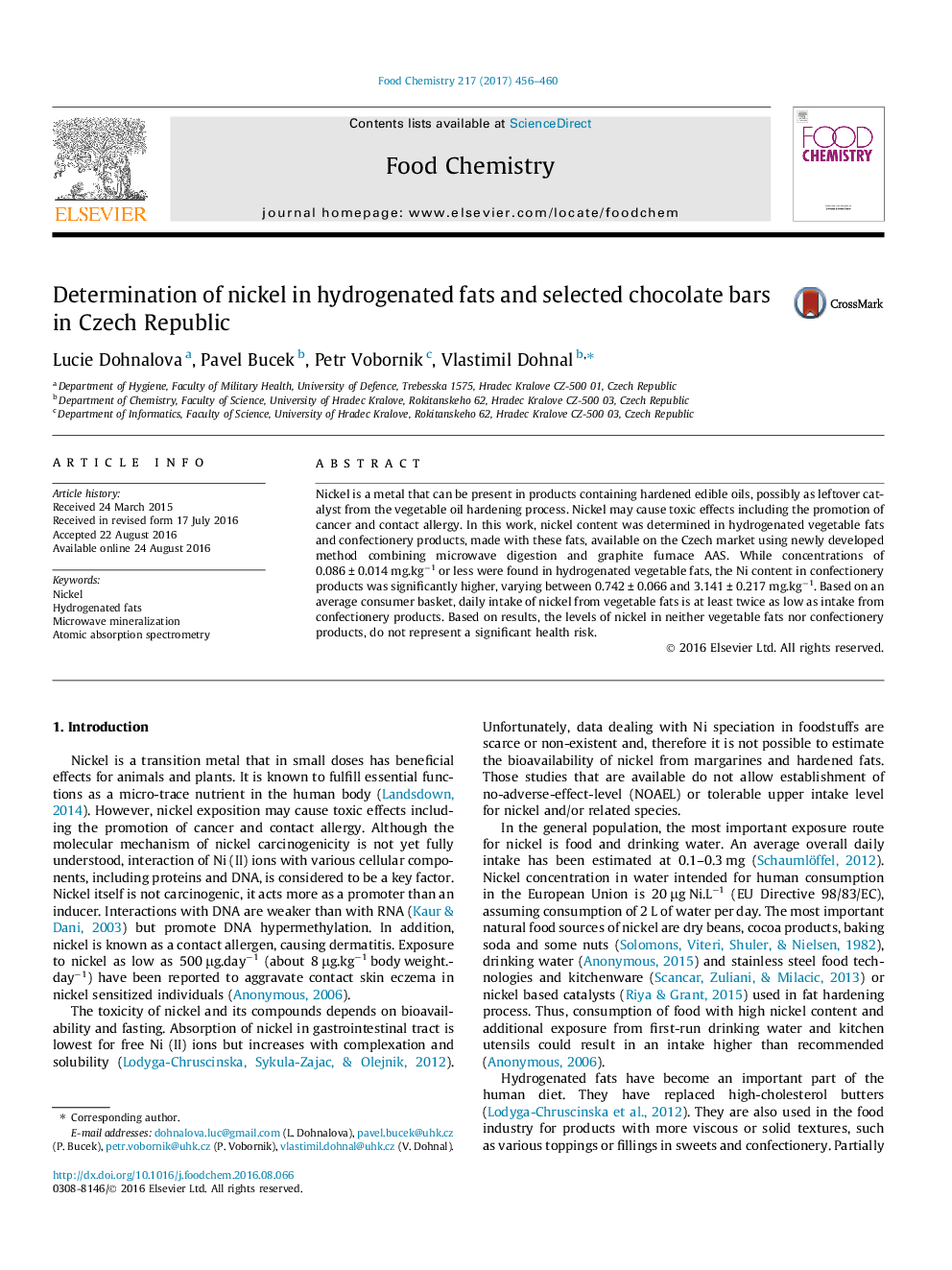 Determination of nickel in hydrogenated fats and selected chocolate bars in Czech Republic