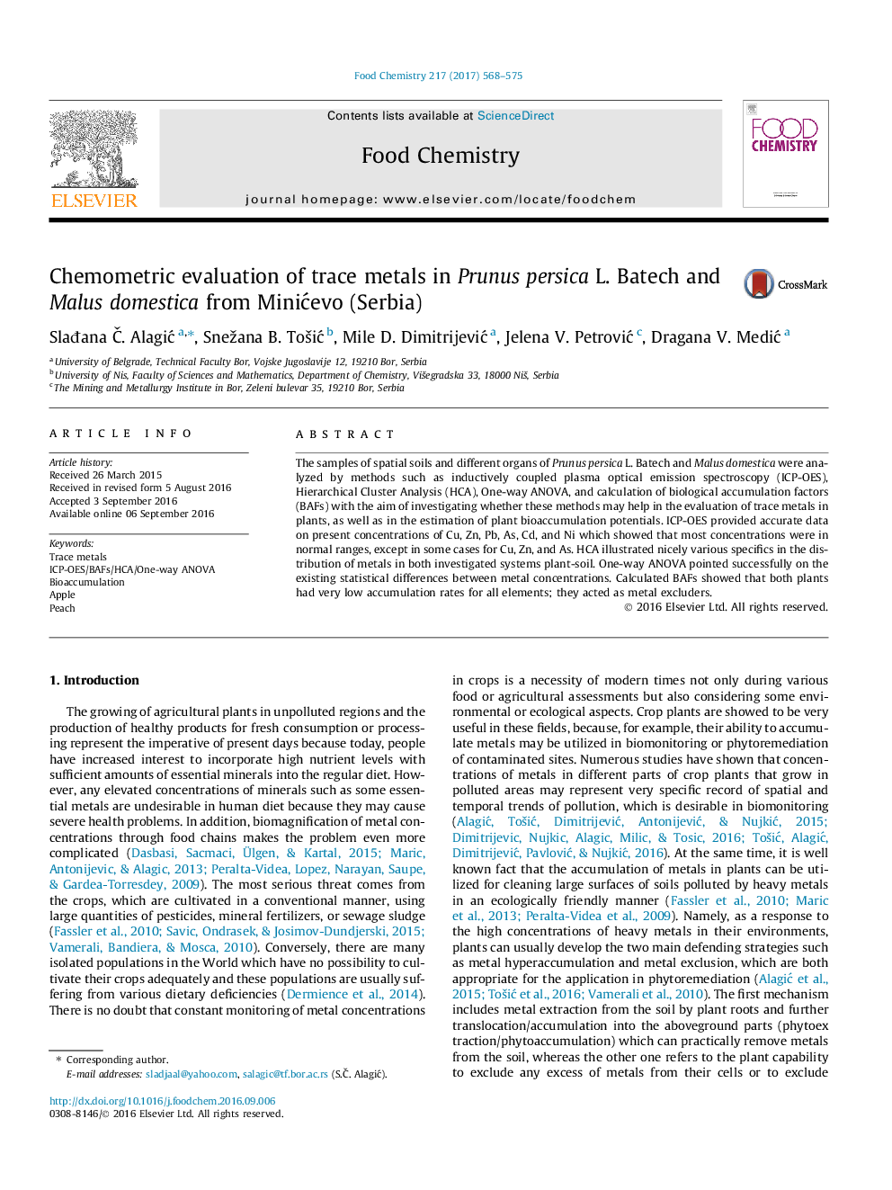 Chemometric evaluation of trace metals in Prunus persica L. Batech and Malus domestica from MiniÄevo (Serbia)