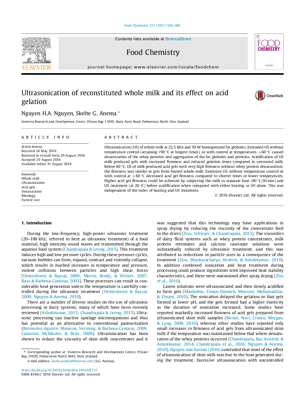 Ultrasonication of reconstituted whole milk and its effect on acid gelation