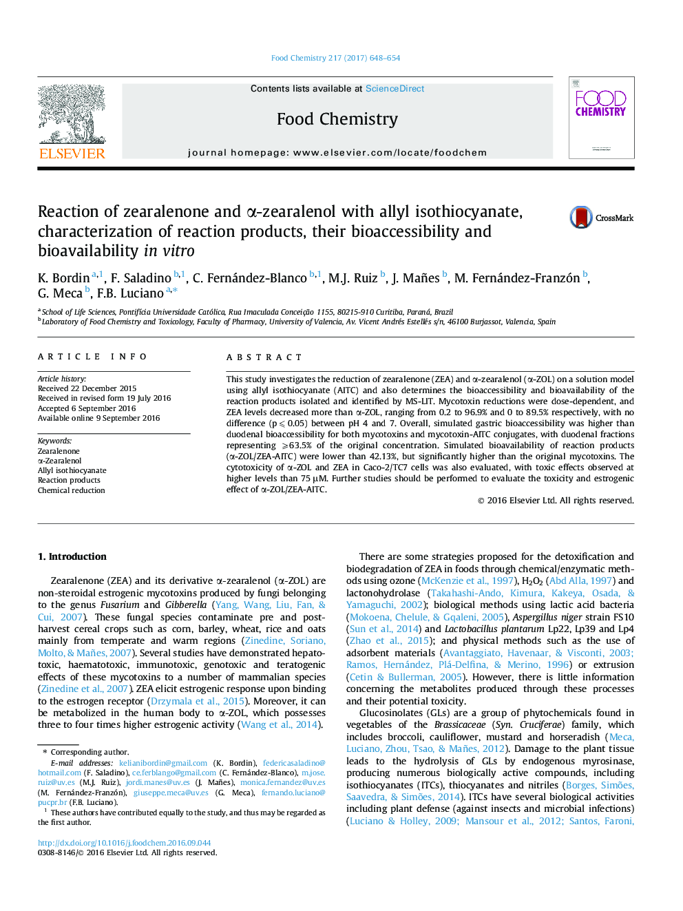Reaction of zearalenone and Î±-zearalenol with allyl isothiocyanate, characterization of reaction products, their bioaccessibility and bioavailability in vitro