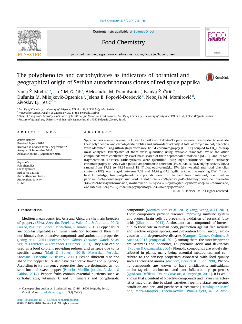 The polyphenolics and carbohydrates as indicators of botanical and geographical origin of Serbian autochthonous clones of red spice paprika