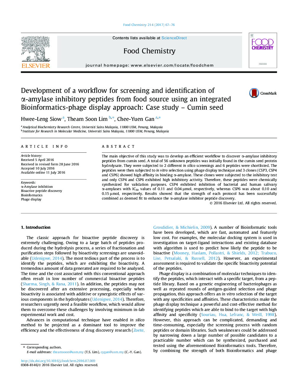 Development of a workflow for screening and identification of Î±-amylase inhibitory peptides from food source using an integrated Bioinformatics-phage display approach: Case study - Cumin seed