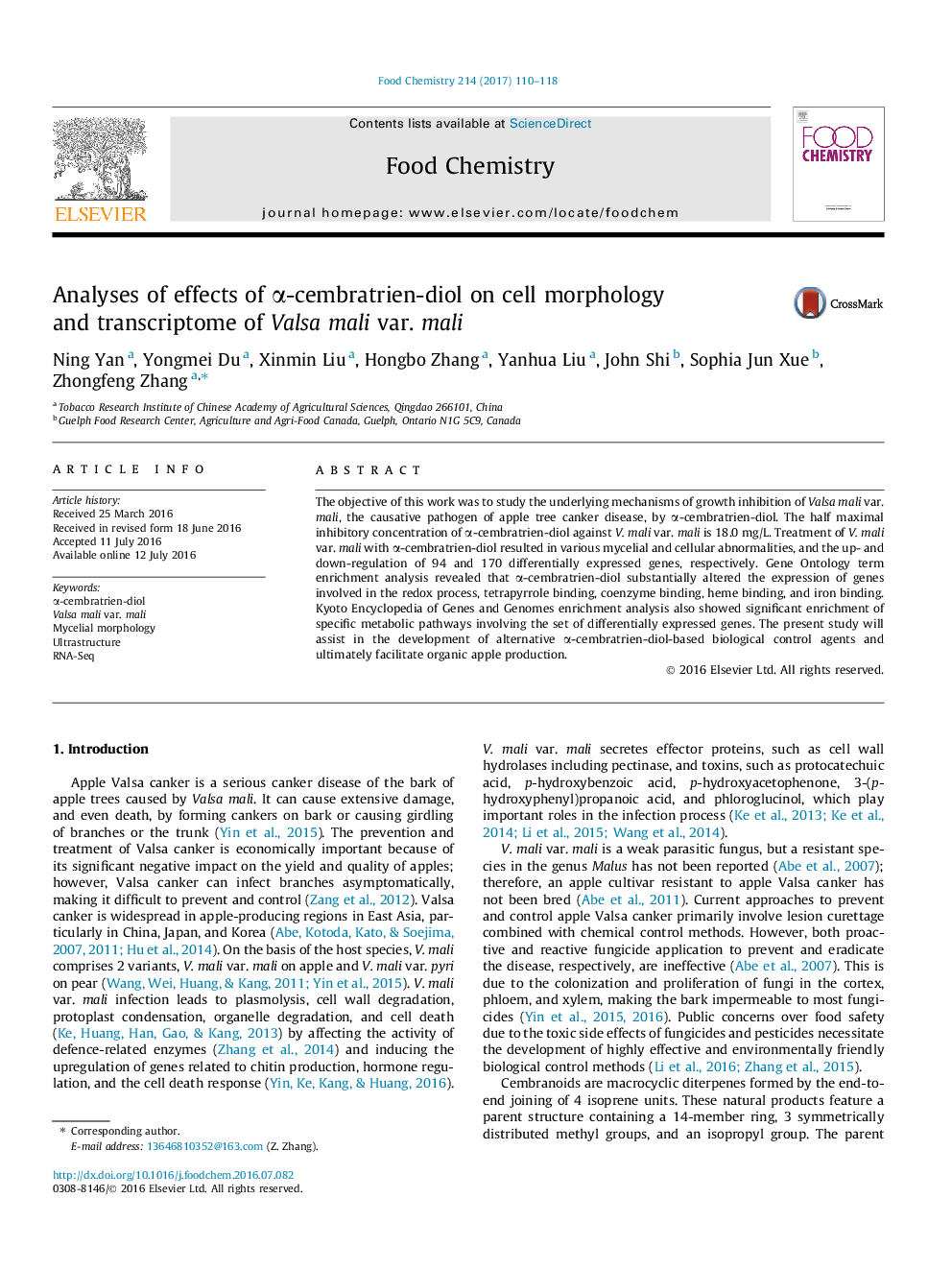 Analyses of effects of Î±-cembratrien-diol on cell morphology and transcriptome of Valsa mali var. mali