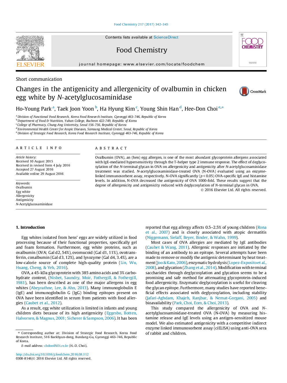 Changes in the antigenicity and allergenicity of ovalbumin in chicken egg white by N-acetylglucosaminidase