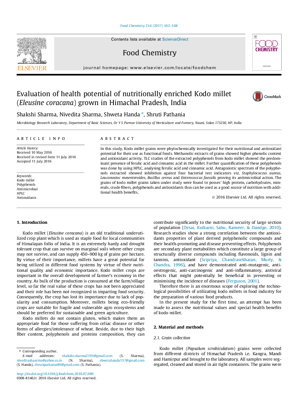 Evaluation of health potential of nutritionally enriched Kodo millet (Eleusine coracana) grown in Himachal Pradesh, India