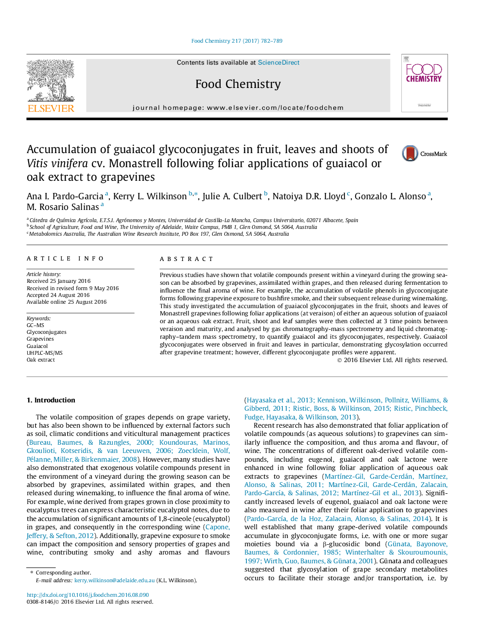 Accumulation of guaiacol glycoconjugates in fruit, leaves and shoots of Vitis vinifera cv. Monastrell following foliar applications of guaiacol or oak extract to grapevines