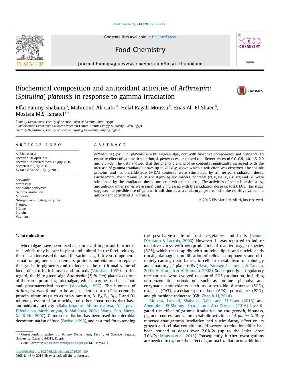 Biochemical composition and antioxidant activities of Arthrospira (Spirulina) platensis in response to gamma irradiation