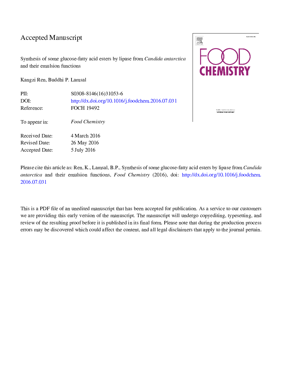 Synthesis of some glucose-fatty acid esters by lipase from Candida antarctica and their emulsion functions