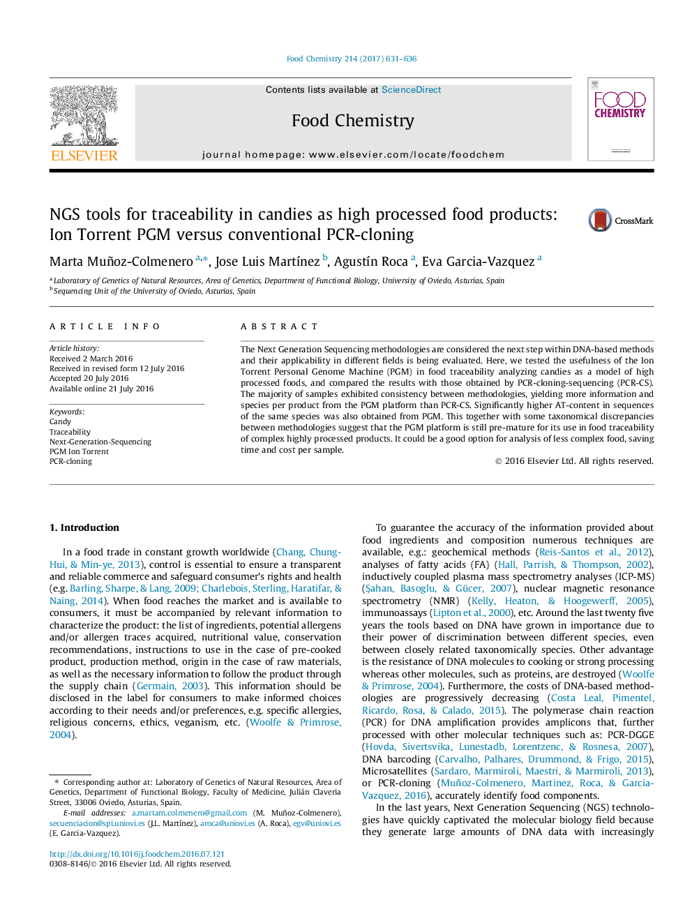 NGS tools for traceability in candies as high processed food products: Ion Torrent PGM versus conventional PCR-cloning