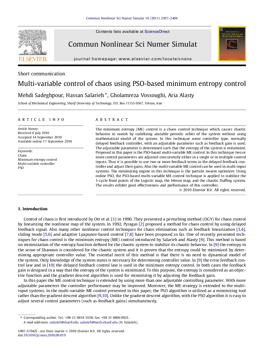 Multi-variable control of chaos using PSO-based minimum entropy control