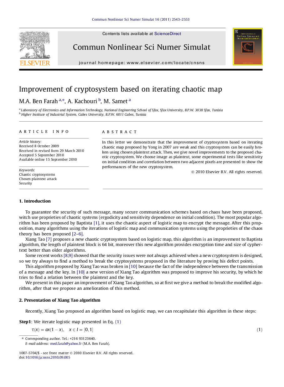 Improvement of cryptosystem based on iterating chaotic map