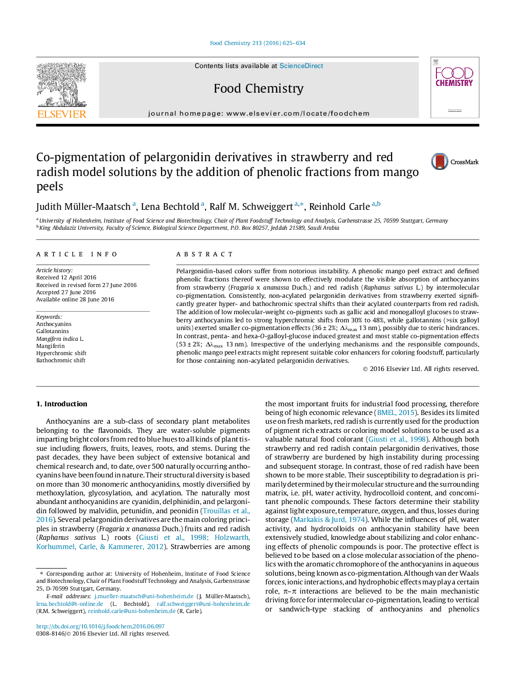 Co-pigmentation of pelargonidin derivatives in strawberry and red radish model solutions by the addition of phenolic fractions from mango peels