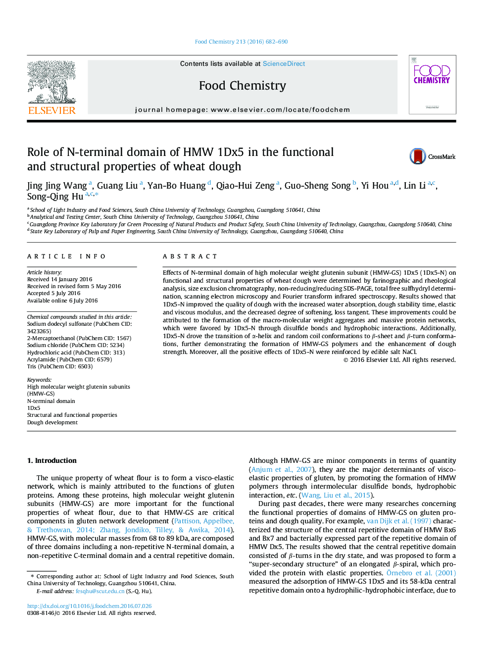 Role of N-terminal domain of HMW 1Dx5 in the functional and structural properties of wheat dough