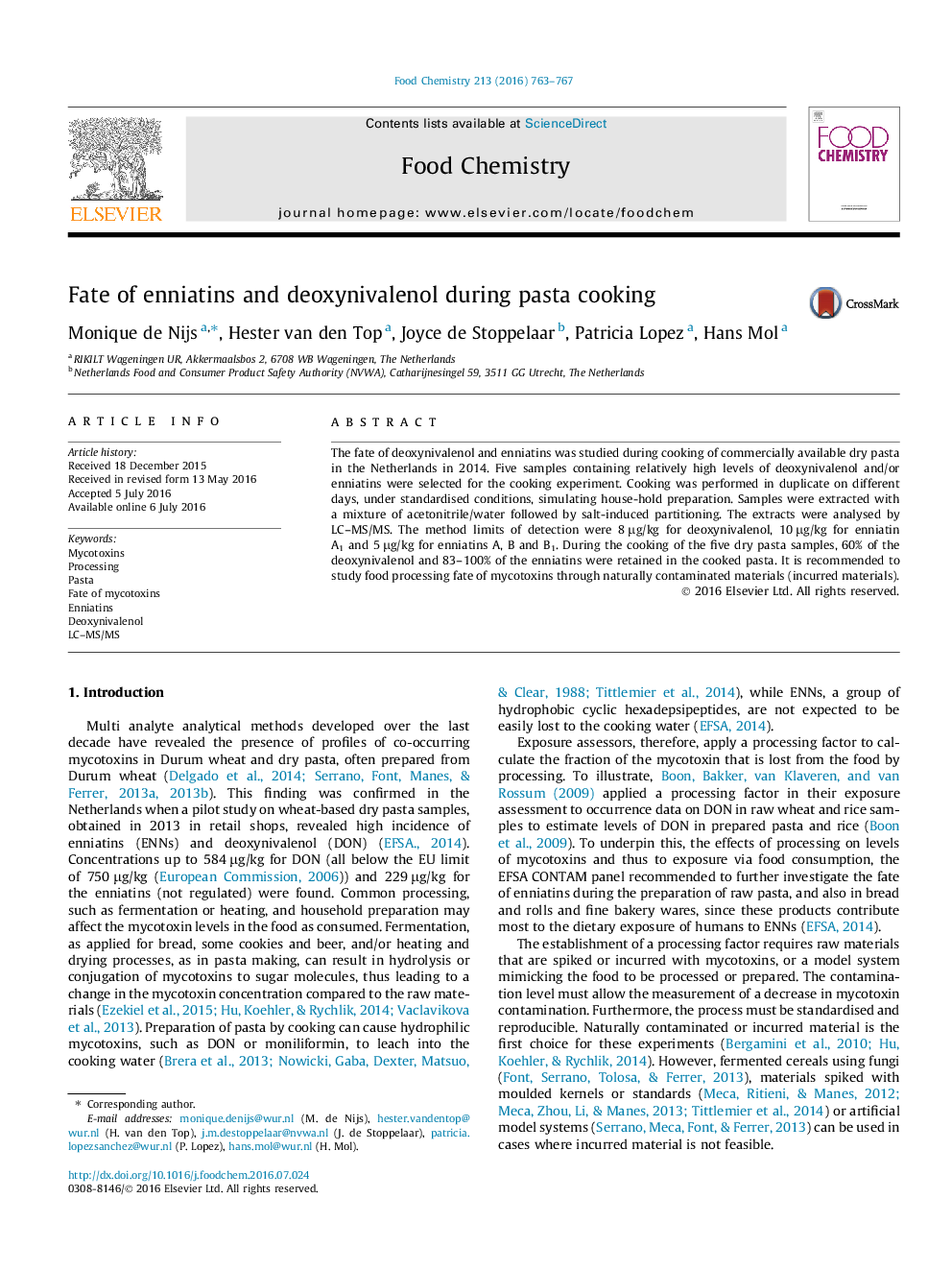 عکس صفحه اول مقاله: Fate of enniatins and deoxynivalenol during pasta cooking Fate of enniatins and deoxynivalenol during pasta cooking