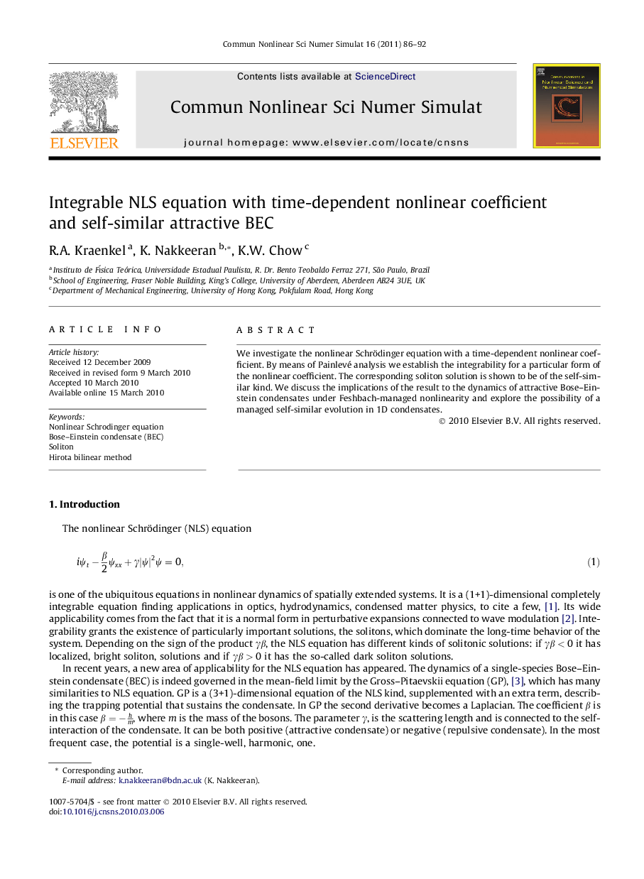 Integrable NLS equation with time-dependent nonlinear coefficient and self-similar attractive BEC