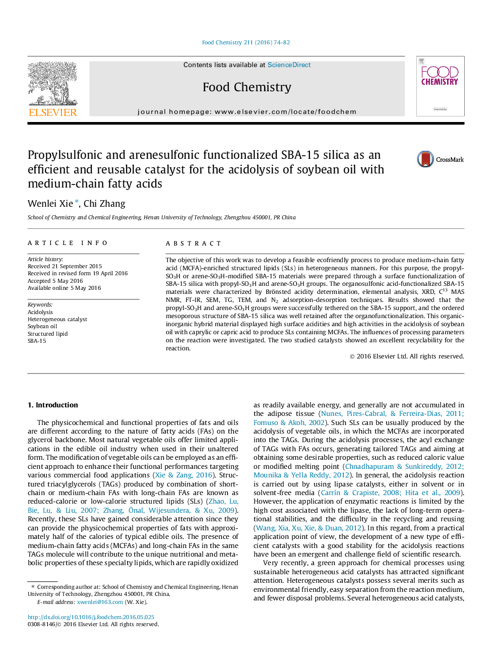 Propylsulfonic and arenesulfonic functionalized SBA-15 silica as an efficient and reusable catalyst for the acidolysis of soybean oil with medium-chain fatty acids