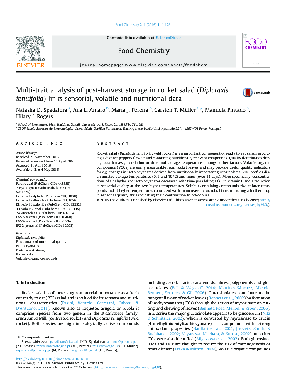 Multi-trait analysis of post-harvest storage in rocket salad (Diplotaxis tenuifolia) links sensorial, volatile and nutritional data