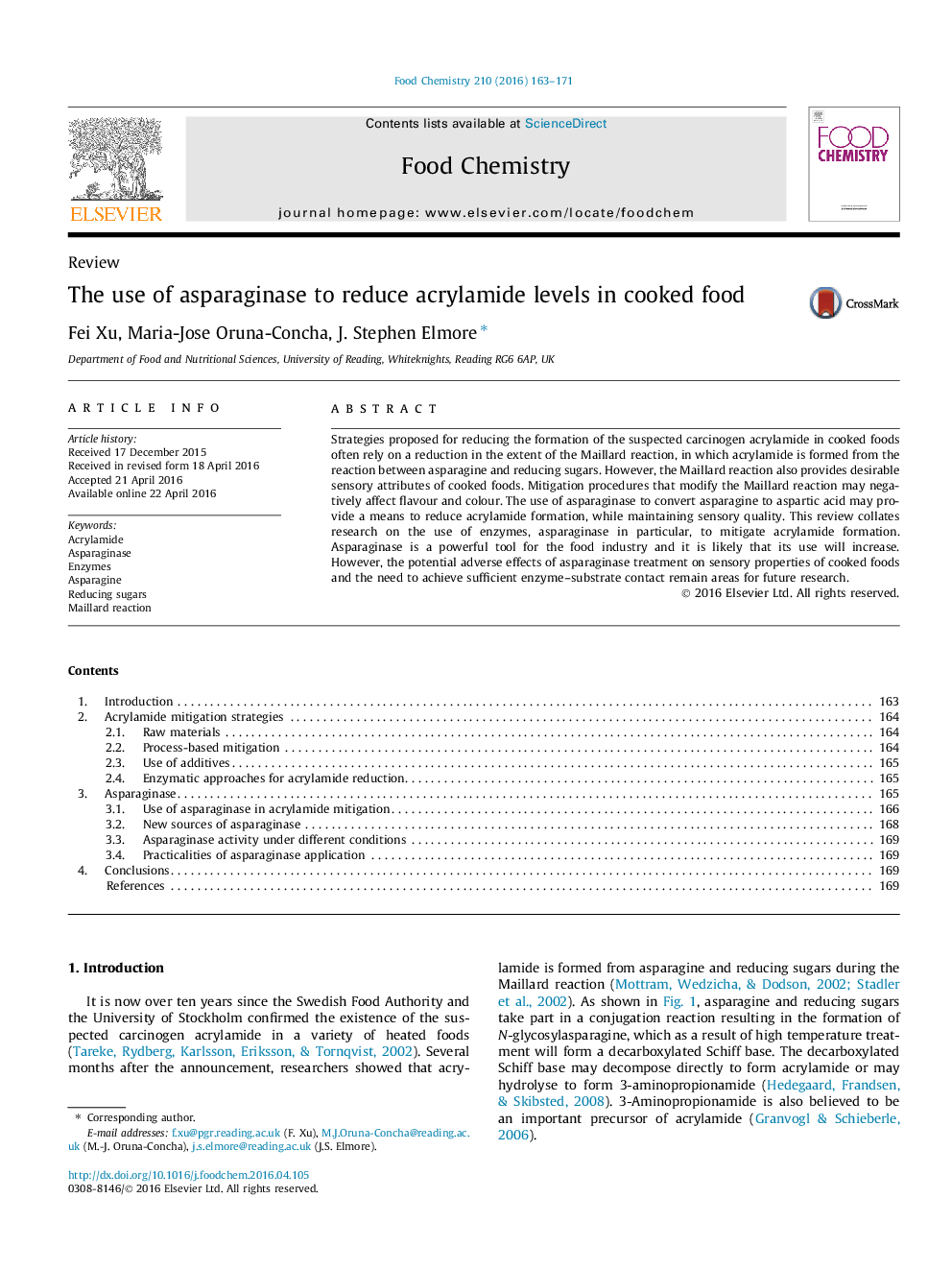 The use of asparaginase to reduce acrylamide levels in cooked food