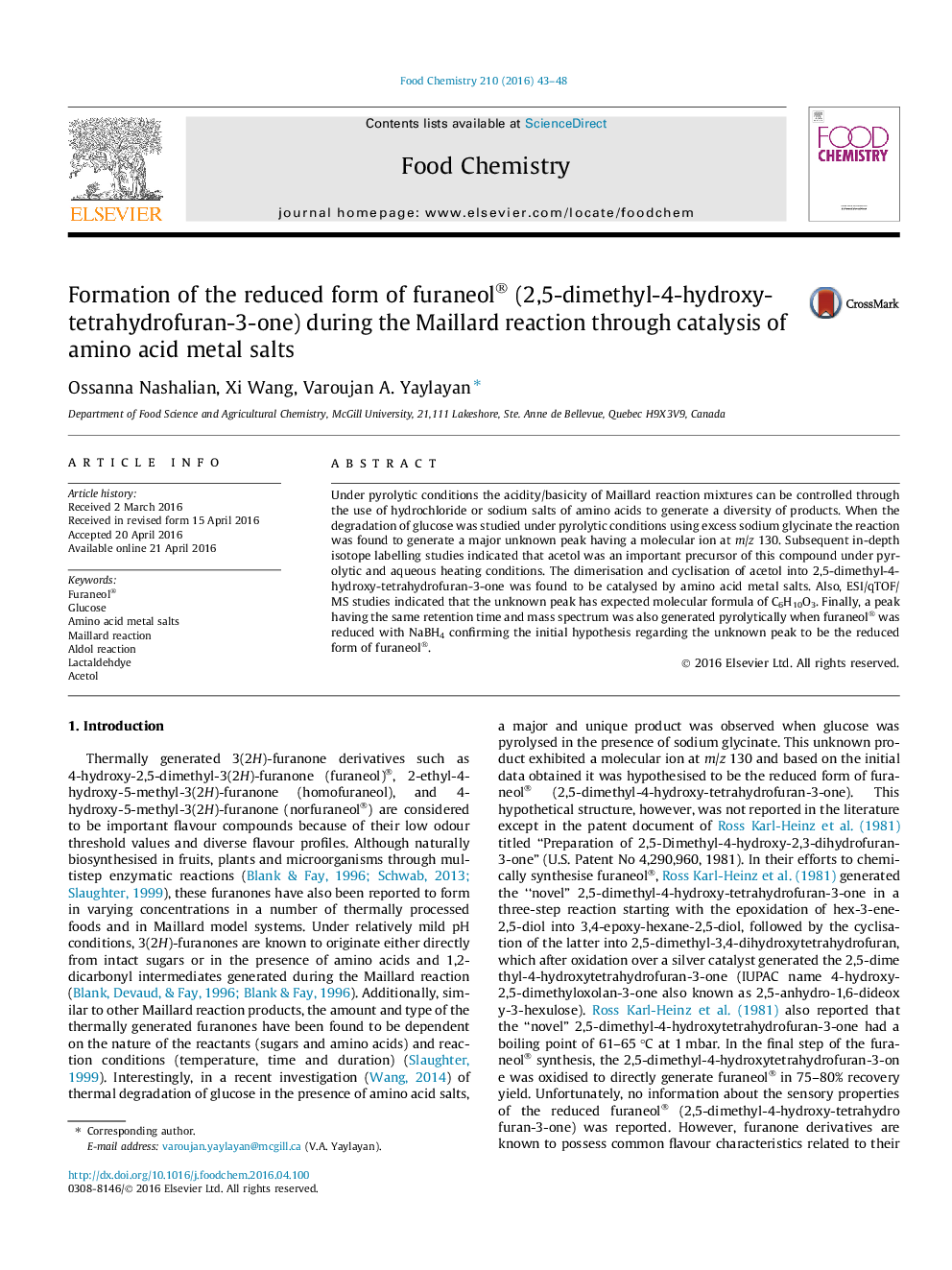 Formation of the reduced form of furaneol® (2,5-dimethyl-4-hydroxy-tetrahydrofuran-3-one) during the Maillard reaction through catalysis of amino acid metal salts