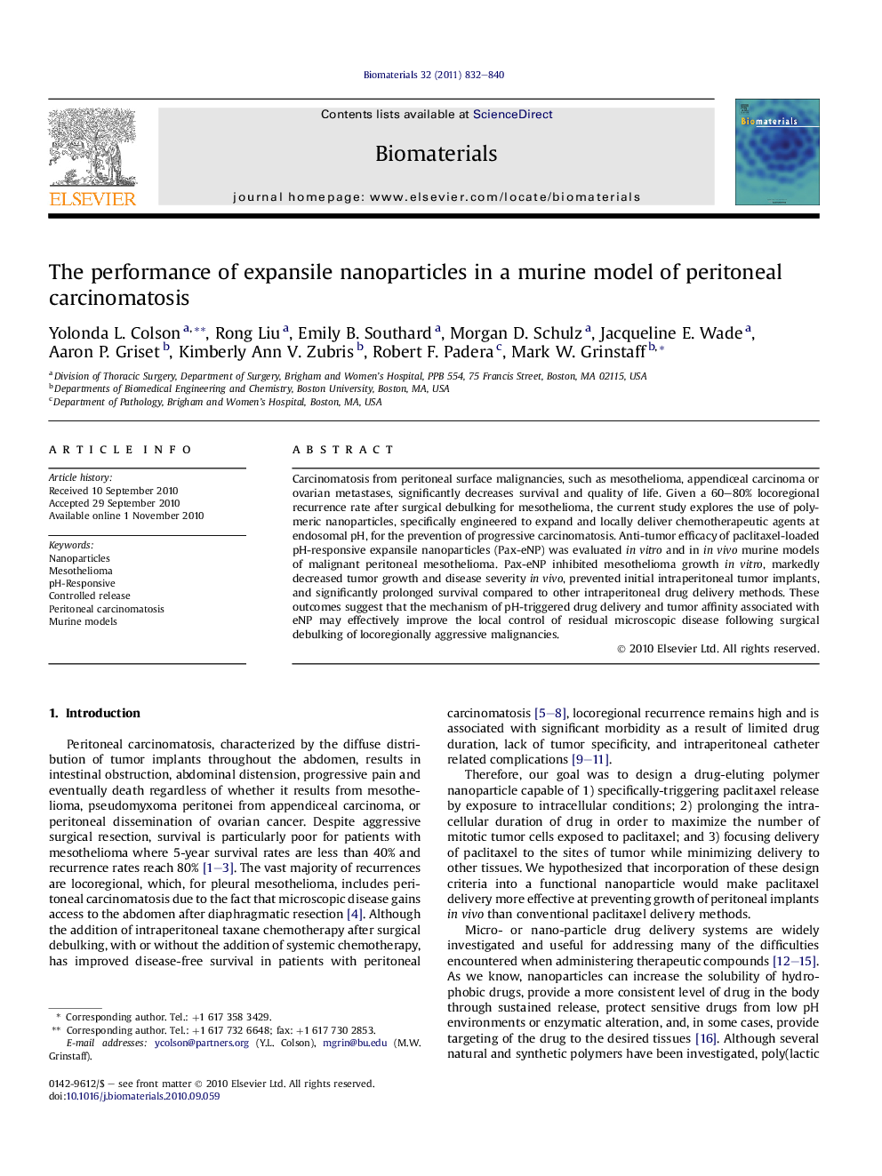 The performance of expansile nanoparticles in a murine model of peritoneal carcinomatosis