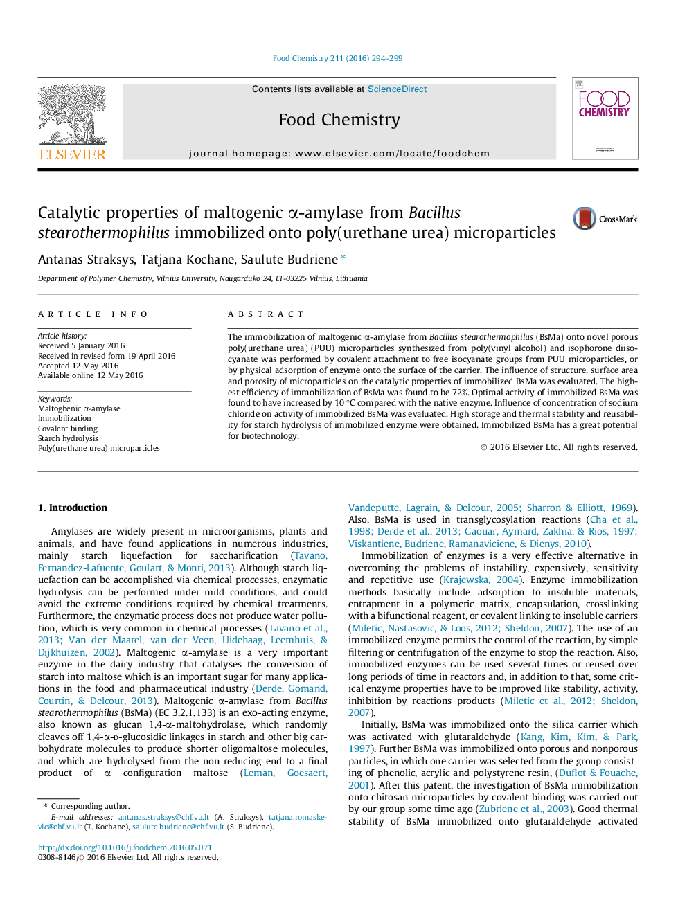 Catalytic properties of maltogenic Î±-amylase from Bacillus stearothermophilus immobilized onto poly(urethane urea) microparticles