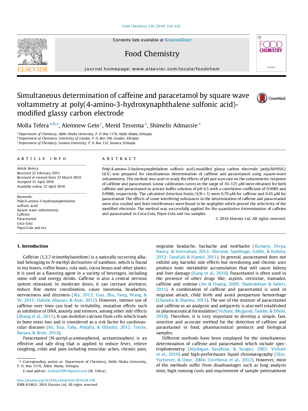 Simultaneous determination of caffeine and paracetamol by square wave voltammetry at poly(4-amino-3-hydroxynaphthalene sulfonic acid)-modified glassy carbon electrode