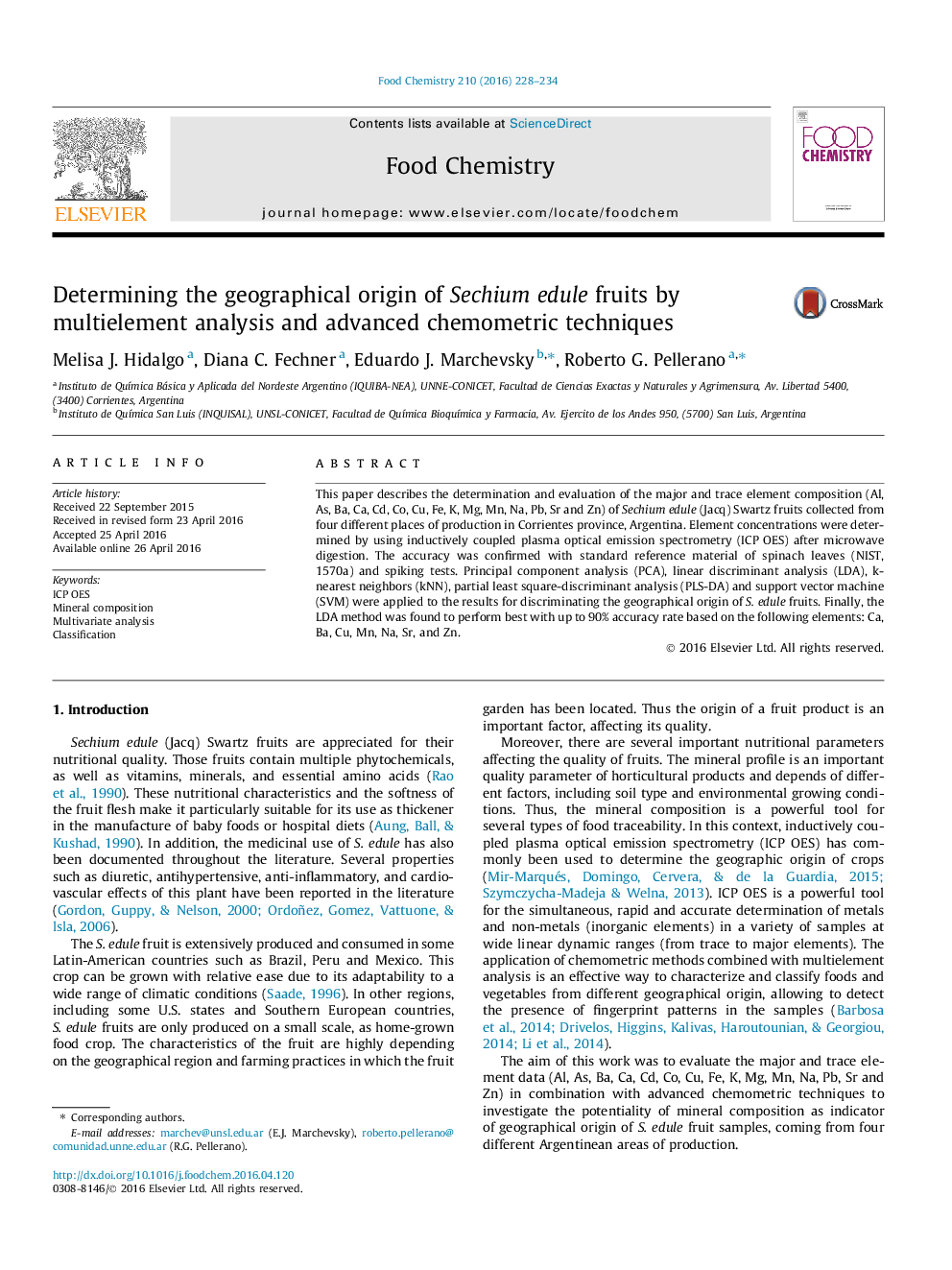 Determining the geographical origin of Sechium edule fruits by multielement analysis and advanced chemometric techniques