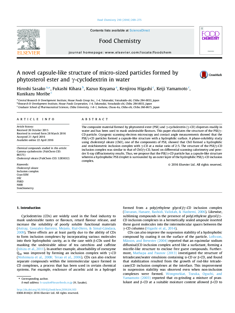 A novel capsule-like structure of micro-sized particles formed by phytosterol ester and Î³-cyclodextrin in water