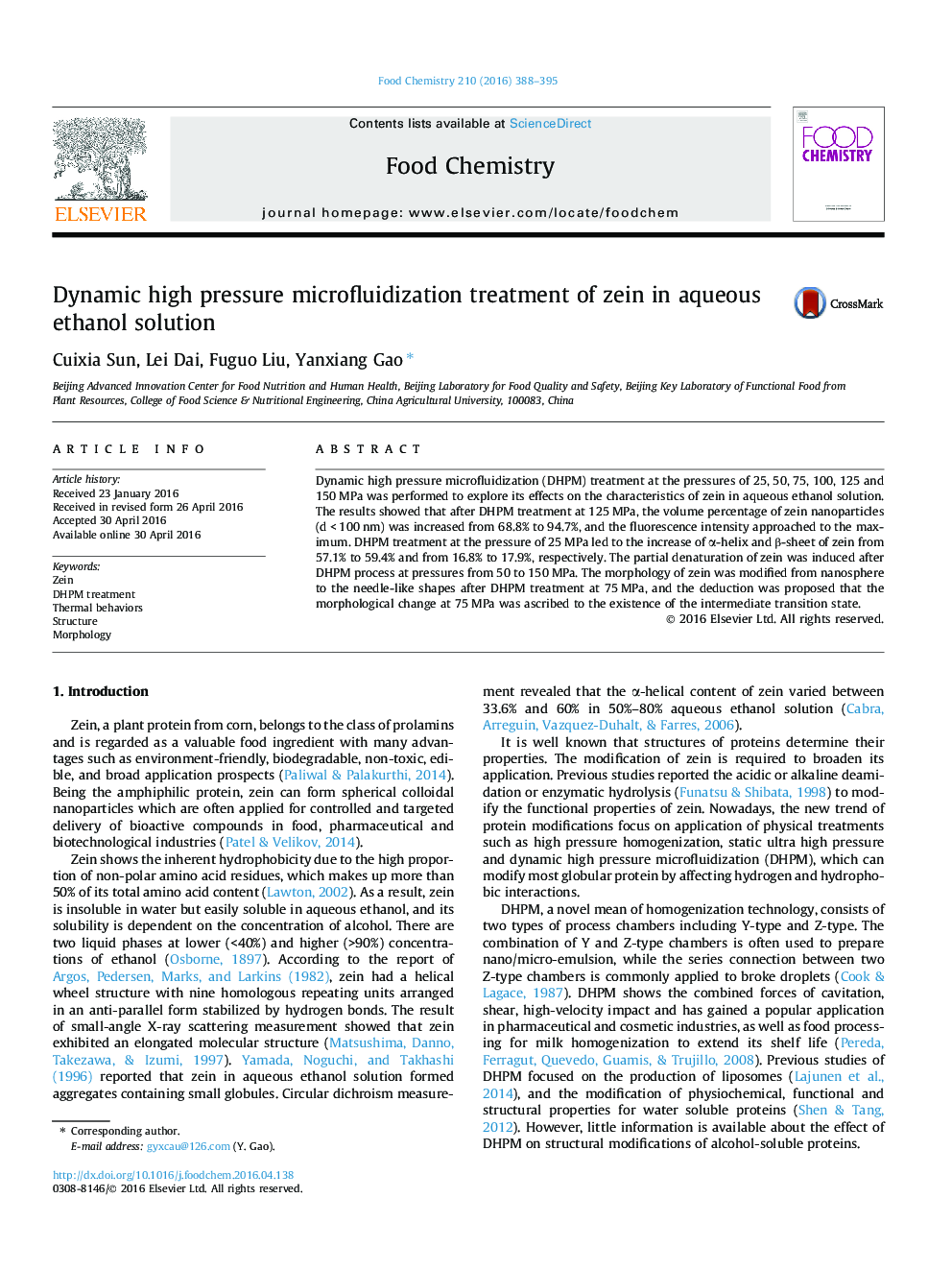 Dynamic high pressure microfluidization treatment of zein in aqueous ethanol solution