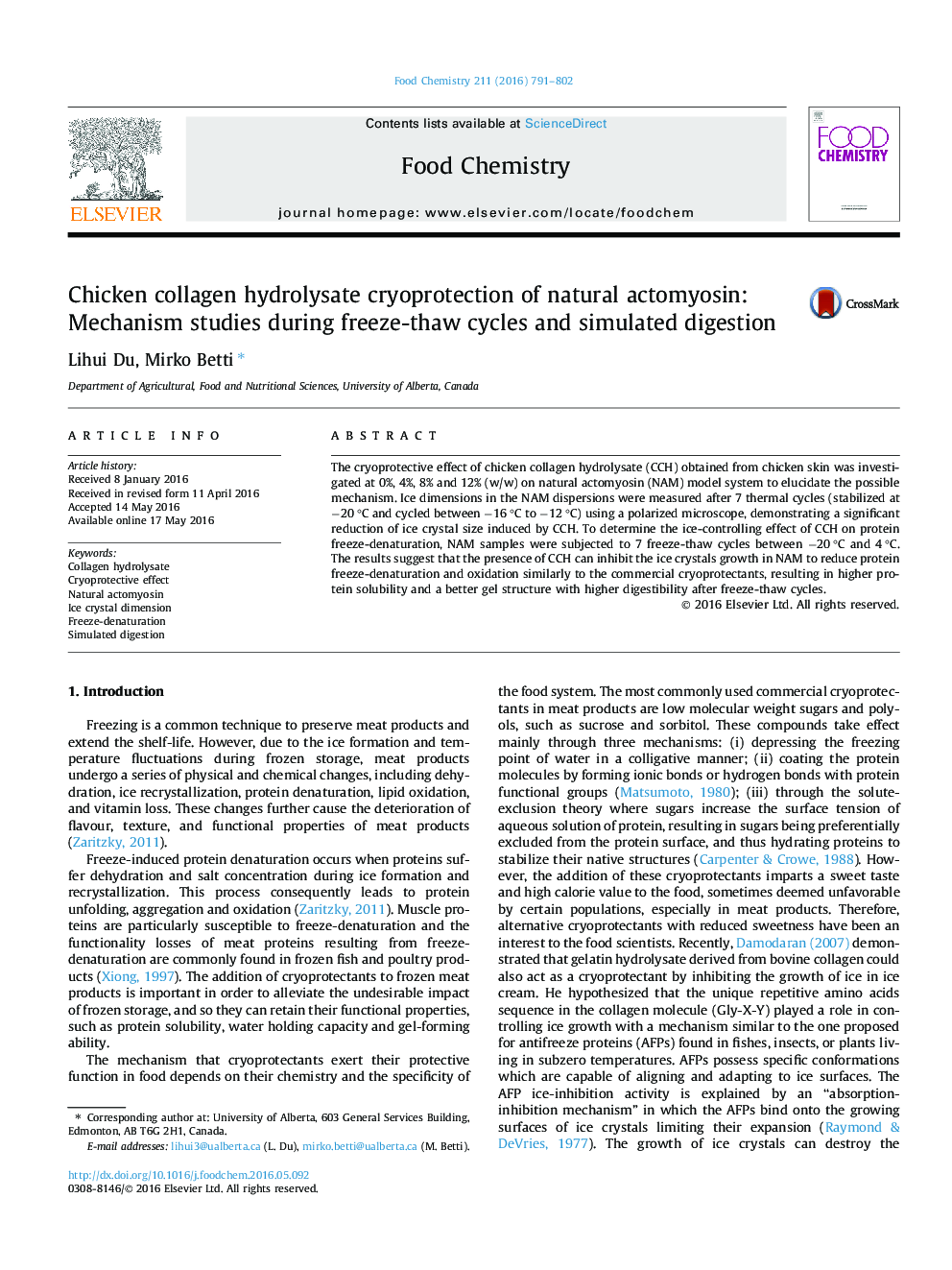 Chicken collagen hydrolysate cryoprotection of natural actomyosin: Mechanism studies during freeze-thaw cycles and simulated digestion